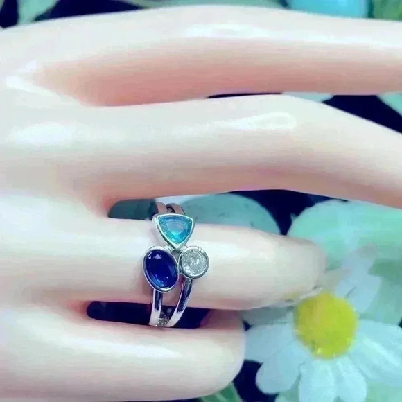 New Sterling Silver Blue Sapphire Aquamarine Diamond Ring - Picture 3 of 7